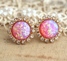 Opal Stud earringsPink Opal stud earrings.Pink by iloniti on Etsy Pink Jeweled Wedding Earrings, Formal Pink Round Clip-on Earrings, Pink Jeweled Crystal Earrings For Wedding, Pink Elegant Clip-on Earrings For Anniversary, Elegant Pink Clip-on Earrings For Anniversary, Pink Round Earrings With Sparkling Stones, Pink Sparkling Stone Round Earrings, Pink Round Clip-on Earrings For Gift, Pink Sparkling Round Earrings