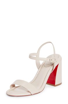 A sculptural heel brings a contemporary aesthetic to this minimalist sandal crafted of calfskin leather and grounded by that iconic Louboutin-red sole. 3 1/4" (85mm) heel (size 38.5) Adjustable strap with buckle closure Wipe with a soft, dry cloth and store in a dust bag Please note the red lacquer on soles will wear off as a result of normal use. To minimize the effect, avoid wearing in wet weather or on abrasive surfaces Leather upper, lining and sole Made in Italy Designer Shoes Chic Sandals With Red Sole And Ankle Strap, Modern Summer Heels With Red Sole, Chic Sandals With Red Sole And Open Heel, Modern Sandals With Red Sole For Evening, Modern Evening Sandals With Red Sole, Modern Calf Leather Heels With Single Toe Strap, Modern Heels With Red Sole And Block Heel, Modern Calf Leather Heels With Heel Loop, Calf Leather Sandals With Contrasting Heel Counter