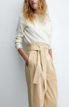 Easy to style up or down, these casually chic pants feature wide legs and a matching belt to highlight the paperbag waist. Zip fly with hook-and-bar closure Front slant pockets; back welt pockets Removable tie belt 98% cotton, 2% elastane Machine wash, line dry Made in Turkey High Waist Belted Wide Leg Work Pants, Chic Workwear Bottoms With Tie Waist, Chic Tie Waist Bottoms For Workwear, Chic Tie Waist Bottoms For Fall, Wide Leg Trousers With Tie Waist For Workwear, Chic Tie Waist Pants For Workwear, Chic Wide Leg Pants With Tie Waist For Spring, Fall Wide Leg Belted Pants For Work, Fall Workwear Belted Wide Leg Pants