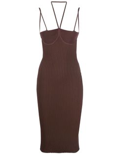 Fitted Ribbed Halter Neck Bodycon Dress, Fitted Brown Bodycon Dress With Spaghetti Straps, Brown Fitted Bodycon Dress With Spaghetti Straps, Chic Ribbed Spaghetti Strap Bodycon Dress, Chic Ribbed Bodycon Dress With Spaghetti Straps, Elegant Ribbed Halter Neck Dress, Chic Brown Midi Dress With Spaghetti Straps, Brown Spaghetti Strap Bodycon Dress, Brown Bodycon Dress With Spaghetti Straps