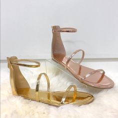 Flat Sandals, 3 Strap Design, Rear Zipper Closure, Man Made Materials Style Runs Big!! We Suggest Ordering 1/2 A Size Down Rose Gold Sandals, Gold Sandals, Strap Design, 2 A, Flat Sandals, Women's Shoes Sandals, Shoes Sandals, Womens Sizes, Rose Gold