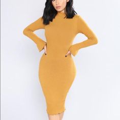 Looks Brand New, Only Worn Once. Yellow Long Sleeve Stretch Bodycon Dress, Yellow Stretch Midi Dress With Long Sleeves, Yellow Stretch Long Sleeve Midi Dress, Yellow Long Sleeve Stretch Midi Dress, Yellow Long Sleeve Bodycon Dress, Yellow Stretch Midi Dress For Fall, Yellow Stretch Midi Dress, Yellow Stretch Midi Bodycon Dress, Mustard Long Sleeve Dress For Brunch