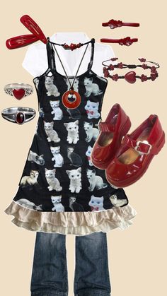 a woman's outfit with red shoes and accessories