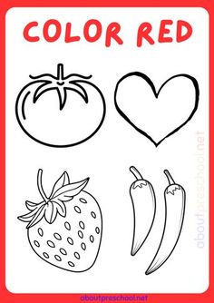 a coloring page with different fruits and vegetables in red, white, and black colors