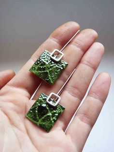 Green enamel earrings, Dangle earrings, square earrings, Stencil earrings,  Sterling silver and copp Copper Enameling, Enameling Jewelry, Enameled Jewelry, Cloisonne Jewelry, Tin Earrings, Fused Glass Earrings, Earrings Square, Metal Smithing, Fresh Color