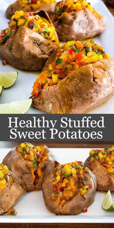 healthy stuffed sweet potatoes with colorful toppings on a white platter and lime wedges