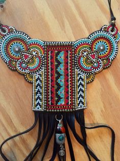 Beadwork Tribal Necklace with Black Leather Fringe by perlinibella Aquaponics Fish, Real Turquoise, Bead Embroidery Jewelry, Bead Work Jewelry, Embroidery Jewelry, Women Bags Fashion