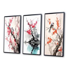 three paintings on the wall with red flowers and birds sitting on branches in front of them