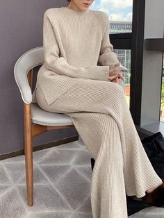 Plus Size Loose Plain Crew Neck Urban Sweater | stylewe Knitted Two Piece, Urban Sweater, Plus Size Pullover, Sleeveless Long Dress, Plus Size Sweaters, Sweater Pants, Casual Sets, Sweater Set, Knit Set