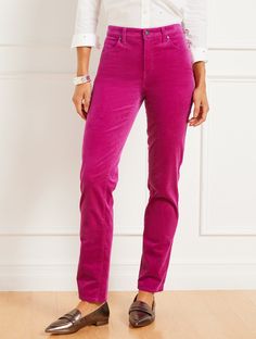 Our flattering straight leg pants in plush corduroy. Supersoft feel. Casual-chic full length silhouette with classic five-pocket styling and just-right stretch. Figure-boosting high waist for a more modern fit. Also available in curvy fit. Features Straight Leg Hits Above Waist Full Length Fly front with button closure Five pocket Imported Fit: Misses: 31"; Long 34"; Petite: 28 1/2"; Plus: 31"; Plus Petite: 28 1/2" Material: 98% Cotton, 2% Spandex Care: Machine Wash Cold; Only Non-Chlorine Bleac Pink Corduroy Pants, Classic Style Women, Pants Straight, Corduroy Pants, Straight Leg Pants, Modern Fit, Modern Classic, Passion For Fashion, Cotton Spandex