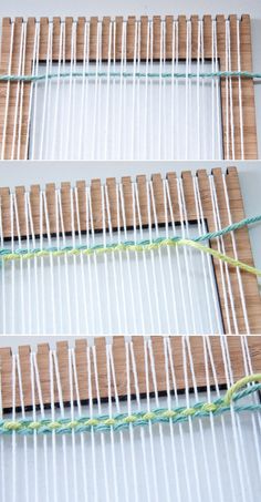 three rows of loom strings with green and white yarn on them, one row is empty