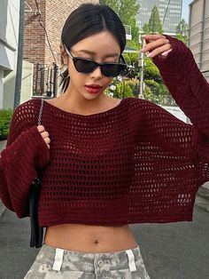 Burdeos Casual Collar manga larga Lana Peinada Liso Pullovers Embellished Elástico Ligero Verano Crop Top Sweater Outfit, Crop Pullover, Mesh Sweater, Pull Crochet, Fluffy Sweater, Awesome Outfits, Cropped Pullover, Crochet Collar, Crochet Fall