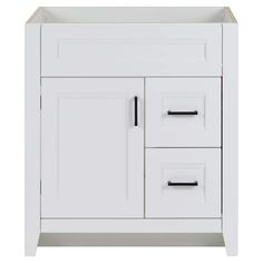 a white bathroom vanity with two drawers and one door on the left side, in front of a white background