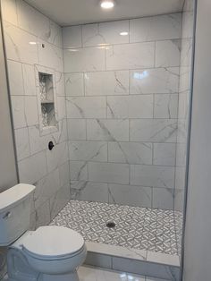 a white toilet sitting next to a walk in shower