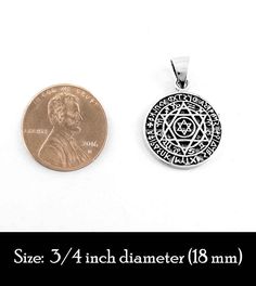 Material: 100% Sterling silver Weight: 3.4 grams 3/4 inch in diameter (18 mm) Item number: wh380 The entire face of this handsome Seal of Solomon pendant is intricately detailed giving it a rich texture that is accentuated by an oxidized finish. The central focus is a Star of David which holds a yet smaller Star of David within a circle. Encircling the double Star are the symbols of the Zodiac, and framing those are a round border containing many symbols, letters and various writings. All of the Silver Star Of David Symbolic Jewelry, Engraved Star Of David Amulet Jewelry, Silver Engraved Star Of David Necklace, Hallmarked Silver Star Of David Jewelry, Symbolic Star Of David Engraved Jewelry, Spiritual Star Of David White Gold Jewelry, Spiritual White Gold Star Of David Jewelry, White Gold Star Of David Spiritual Jewelry, Symbolic Star-shaped Engraved Jewelry