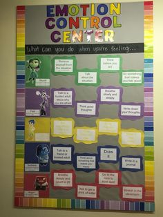 a bulletin board with the words emotion control center written on it and cartoon characters in different colors