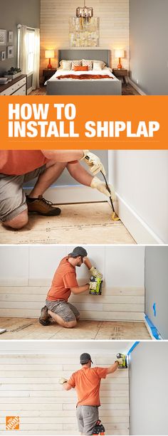 three pictures showing how to install shiplap