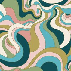 an abstract background with wavy lines and curves in pink, blue, green, yellow and white