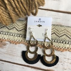 On Trend Fringe Gold And Black Earrings From Jardin. Black Tassel Drop Earrings, Black Tassel Earrings With Ear Wire As A Gift, Black Earrings, Drop Earring, Jewelry Earrings, Women Jewelry, Trim, Drop Earrings, Gold