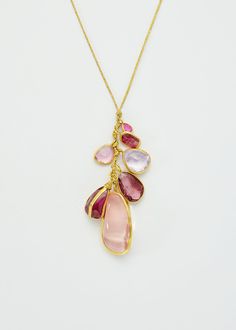 18kt Gold Mixed Stones Large Cluster on Cord Elegant Pink Multi-stone Necklace, Elegant Multi-stone Drop Necklaces, Luxury Pink Briolette Necklace, Fine Jewelry Pink Multi-stone Necklace, Fine Jewelry Pink Necklaces With Gemstone Accents, Exquisite Pink Gemstone Necklaces, Exquisite Pink Gemstone Necklace, Fine Jewelry Pink Teardrop Pendant, Pink Teardrop Pendant Fine Jewelry