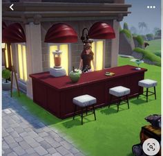 an animated image of a kitchen with stools in front of the counter and two lamps above it