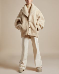 fully reversible camel suede and natural shearling jacket with exaggerated sleeves shawl collar and center front button closures Dramatic Sleeves, Natural Curly Hair, Exaggerated Sleeves, Winter Chic, Woven Jacket, Shearling Coat, Shearling Jacket, Classic Outfits, Shawl Collar