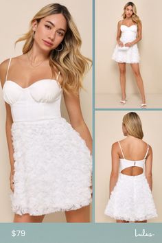 There is no better feeling than looking cute and confident in the Lulus Perfectly Exceptional White 3D Floral Applique Mini Dress! This stunning dress starts with stretchy crepe knit that shapes a bustier-inspired bodice with lightly gathered, padded cups, a flirty sweetheart neckline, side boning, and adjustable spaghetti straps. A wide strap with two button-loop closures sits above an alluring open-back cutout. The high, fitted waist tops a skater-style mini skirt adorned with three-dimensiona Mini Dress Floral, Skater Style, Floral Applique, Dress Floral, Wide Straps, Stunning Dresses, Happily Ever After, Ever After, Sweetheart Neckline