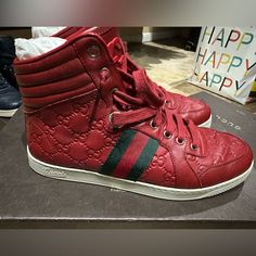 You Are Currently Buying 100% Authentic Gucci. Embossed Interlocking G Detail Leather Upper & Lining Lace-Up Closure Padded Insole Style # 221825 Rubber Sole Made In Italy Box Included In Great Preowned Condition Size Gucci 7 Us 8 Red With Gucci Green And Red Stripes Like New Hightop Sneakers, Green And Red, Mens Shoes Sneakers, New Shop, High Tops, Men's Shoes, Leather Upper, Shoes Sneakers, In Italy