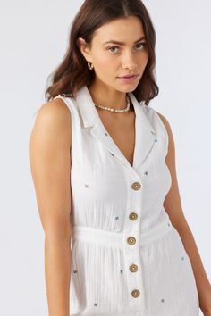 Easy-to-wear woven romper that has an allover print design, front button closure and side split detail O'Neill Women's woven tank romper 32.5" In length Functional button placket Curved hem with split detail 100% Cotton double gauze | O'Neill Women's Ayden Double Gauze Romper in Winter White, Size Small Spring Vacation Button-up Jumpsuits And Rompers, Summer Button-up Jumpsuits And Rompers For Vacation, Summer Vacation Button-up Jumpsuits And Rompers, Sleeveless Jumpsuits And Rompers With Button Closure For Beach, Summer Button-up Jumpsuit For Day Out, Spring Daywear Button-up Jumpsuits And Rompers, Summer Jumpsuits And Rompers With Buttons For Vacation, Cotton Jumpsuits And Rompers With Buttons For Vacation, Spring Button-up Jumpsuits And Rompers For Daywear