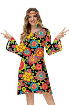 PRICES MAY VARY. 🌈 Hippie Costume Dress Material - Made of 95% Polyester and 5% Spandex, this dress is comfortable and lightweight, crafted from soft, stretchy fabric suitable for various occasions. Dress ONLY, other accessories not included. 🌻 70s Dress Features - This hippie costume features a classic v-neck design with bell sleeves and a flared dresses. It boasts an eye-catching retro floral print, making everything better with this cute and vintage groovy costume dress. 💕 Disco Outfits Oc 70s Fashion Women, Gogo Dress, Fall Fashion Skirts, Outfits 70s, 70s Outfits, Disco Dress, Hippie Costume, 1970s Dresses, Disco Outfit