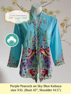 NEW beautiful & delicate Peranakan Nyonya kebaya basic quality. This traditional Peranakan top suitable for a formal occasion like wedding & graduation (worn with sarong) and casual wear: office & outing motif: intricate bird and flower embroidery Material: cotton Size: please refer to each size for the colour. Because our products are handmade, so only 1 pc available. Finishing: button (press stud) For more details and products, please visit www.littlenyonyabatik.com Shipping information: Kindl Floral Print Long Sleeve Kimono For Wedding, Long Sleeve Floral Print Kimono For Wedding, Long Sleeve Floral Kimono For Wedding, Long Sleeve Floral Print Wedding Kimono, Traditional Fitted Kimono For Festive Occasion, Traditional Spring Wedding Kimono, Traditional Floral Print Formal Set, Traditional Formal Sets With Floral Print, Traditional Wedding Kimono With Floral Embroidery