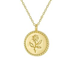 Adorn yourself with timeless beauty through our Rose Coin Pendant Necklace, featuring an intricately detailed rose emblem etched onto a classic coin pendant. Suspended from a delicate chain, this necklace effortlessly blends vintage charm with modern elegance. Perfect for adding a touch of romance and sophistication to any ensemble, it’s a versatile piece that celebrates the enduring allure of the rose. Made with 100% recycled Sterling Silver base with a thick layer of high quality 14k gold plat Elegant Rose Gold Charm Necklace With Coin Pendant, Rose Gold Dainty Necklace With Coin Pendant, Gold Sterling Silver Necklace With Rose Design, Gold Rose Design Necklace In Sterling Silver, Elegant Medallion Charm Necklace With Vintage Charm, Elegant Medallion Necklace With Flower Charm, Gold Necklace With Round Rose Pendant, Elegant Vintage Charm Coin Necklace As Gift, Elegant Vintage Charm Coin Necklace Gift