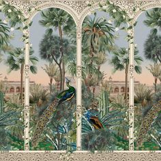 an ornate painting with peacocks and palm trees