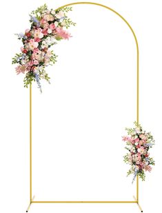 an arch with flowers and greenery on the top, in front of a white background