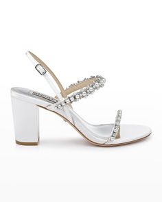 Badgley Mischka "Natasha" sandals in crystal-embellished satin and glitter fabric 3 in / 75 mm block heel Slingback with adjustable buckle Open toe Leather outsole Lining: Leather Spot clean Imported Block Heel Slingback, Wedding Heels, Bride Shoes, Glitter Fabric, Shoe Brands, Bead Work, Neiman Marcus