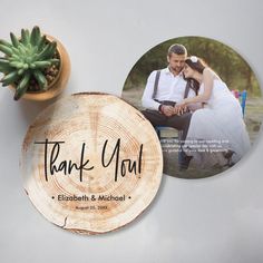 a wooden coaster with a photo and the words thank you on it next to a succulent plant