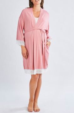 Stay comfy and cozy after baby arrives in a lightweight nursing dress paired with a soft, crochet-trimmed robe and a matching blanket that you can wrap baby in. Nursing dress has front button placket; robe ties at the waist 70% viscose, 25% cotton, 5% elastane Machine wash, tumble dry Imported Spring Nursing-friendly White Sleepwear, Spring Nursing Friendly Sleepwear, Spring Long Sleeve Nursing-friendly Sleepwear, Spring Nursing Friendly Long Sleeve Sleepwear, Spring Nursing-friendly Long-sleeve Sleepwear, Spring Maternity Nursing Friendly Sleepwear, Spring Cozy Robe For Loungewear, Cozy Loungewear Robe For Spring, Spring Cozy Loungewear Robe