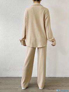 Orcajump - Plus Size Casual Outfits Set, Women's Plus Solid Textured Long Sleeve Button Up Lapel Collar Shirt Top & Elastic Wide Leg Pants Outfits Two Piece Set Beige Long Sleeve Sets With Buttons, Plus Size Casual Outfits, Outfits Two Piece, Wide Leg Pants Outfits, Pants Outfits, Collar Shirt, Plus Size Casual, Two Piece Sets, Outfit Set