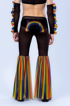 Causing a commotion has never been so easy. Just hop inside one of our Born This Way flares and you'll see for yourself. Featuring a high waist and ultra flared legs, complete with a contrasting combination of black and rainbow hues, these immediately become a parade staple. The see-through fabric invites looks, while keeping it comfy all day long. Pair with the matching top, or experiment with styling. Don't forget your kick ass boots. FEATURES: > High Waist > Flared Leg > Luxurious & Silky, Se Fitted Multicolor Bottoms For Pride, Multicolor Stretch Bottoms For Pride, Multicolor Flare Bottoms For Party, Romper Men, Fabric Invitation, Moon Drawings, Sun And Moon Drawings, Full Body Suit, Born This Way