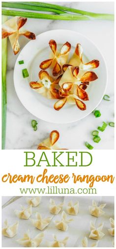 baked cream cheese tangon on a white plate