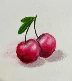 a painting of two cherries with green leaves