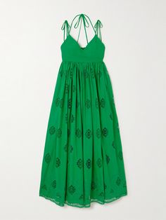 Erdem's maxi dress is made from a vibrant green cotton-blend featuring lace trims that create a romantic touch and breathable feel through the floaty skirt. It has a smooth, fitted bust and with three sets of tie-fastenings straps to adjust the fit. Green Lace Dresses, Lace Trims, Guipure Lace, Swimsuit Dress, Cotton Maxi, Silk Maxi Dress, Maxi Dress Green, Guilty Pleasures, Vibrant Green