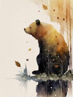 a painting of a bear sitting on the ground next to some trees and watercolors