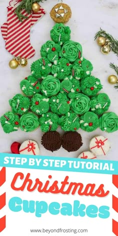 a christmas tree made out of cupcakes with the words step by step instructions