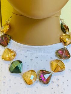 Necklace is 17 inches and comes with a 3- inch extender 28mm x 26mm Scallop Shape Faceted Colorful Crystal Glass Beads Crystal beads are 4mm Christmas Bead Necklace, Colorful Crystals, Multicolor Bracelet, Fish Jewelry, Bead Board, Sunflower Jewelry, Big Necklace, Rose Green, Turquoise Bead Necklaces