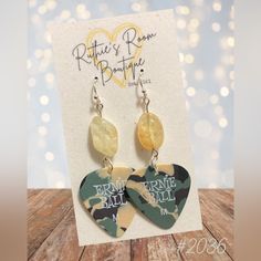 Camo Ernie Bell Guitar Picks Paired With Polished Crystal Beads. Guitar Pick Earrings, Guitar Picks, Guitar Pick, Boutique Jewelry, Crystal Beads, Camo, Guitar, Jewelry Earrings, Women Jewelry