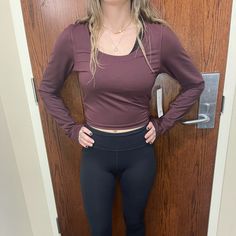 Brand New Athleta Maroon Long Sleeve Work Out Crop Shirt Moisture-wicking Workout Top For Fall, Moisture-wicking Athleisure Top For Fall, Moisture-wicking Tops For Fall, Sporty Fall Gym Tops, Fall Yoga Tops With Moisture-wicking, Solid Tops For Sports In Fall, Sporty Go-dry Tops For Fall, Sporty Moisture-wicking Tops For Fall, Casual Activewear With Thumbholes And Athletic Fit