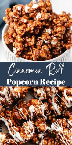 cinnamon roll popcorn recipe with white chocolate drizzled on top and in a bowl