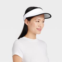 Why we're ALL IN: Adult visor hat made from lightweight fabric with added spandex for comfortable wear. A back push-lock offers a secure fit, while the UPF 50+ rated material offers protection from the harmful sun rays. A solid hue with a contrasting trim completes the sporty look. All in Motion™: Made for every move, priced for every day. White Breathable Baseball Cap For Outdoor Activities, Black Visor Sun Hat For Outdoor Activities, Black Breathable Sun Hat For Sports, White Baseball Cap For Summer Outdoor Activities, White Summer Baseball Cap For Outdoor Activities, White Fitted Six-panel Hats, Lightweight Visor Sun Hat With Uv Protection, Adjustable Fit Sun Hat With Upf 50+ Visor, Lightweight Black Hat With Uv Protection