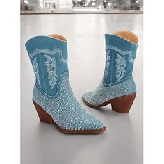 Category:Boots; Upper Materials:Denim; Embellishment:Rhinestone; Season:Spring,Summer,Fall,Winter; Heel Type:Block Heel; Gender:Women's; Size Suggestion:standard size, select your usual size; Toe Shape:Pointed Toe; Type:Booties Ankle Boots; Style:Fashion; Outsole Materials:Foam Rubber; Occasion:Party; Closure Type:Zipper; Listing Date:09/03/2024; Production mode:External procurement; 2024 Trends:Cowboy Boots; Size chart date source:Provided by Supplier.; Heel Height(inch):1.96 Summer Boots With Rhinestones And Round Toe, Summer Party Boots With Rhinestones, Blue Rhinestone Boots For Fall, Western Boots With Rhinestones For Spring, Spring Boots With Rhinestone Fringe, Denim Summer Boots, Fitted Denim Summer Boots, Fitted Denim Boots For Summer, Western Spring Boots With Rhinestone Rivets